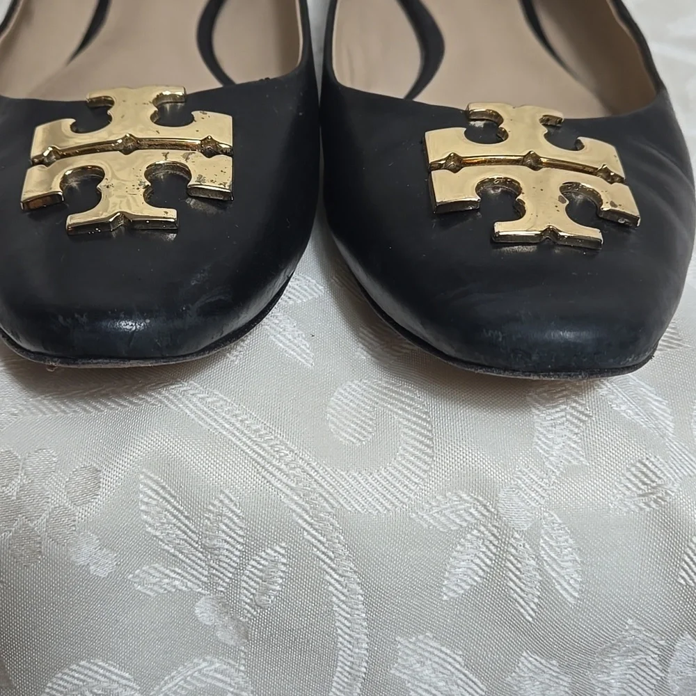 Tory Burch Black Leather Lowell Ballet Flats with Gold Emblem